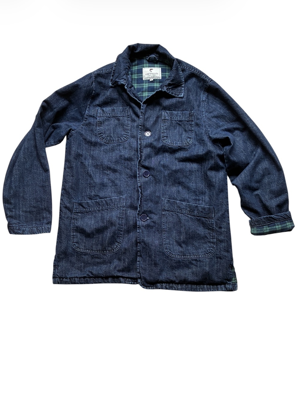 Lee Valley Ireland Vintage Men's Blue Denim Plaid Lined Chore Coat Size Large
